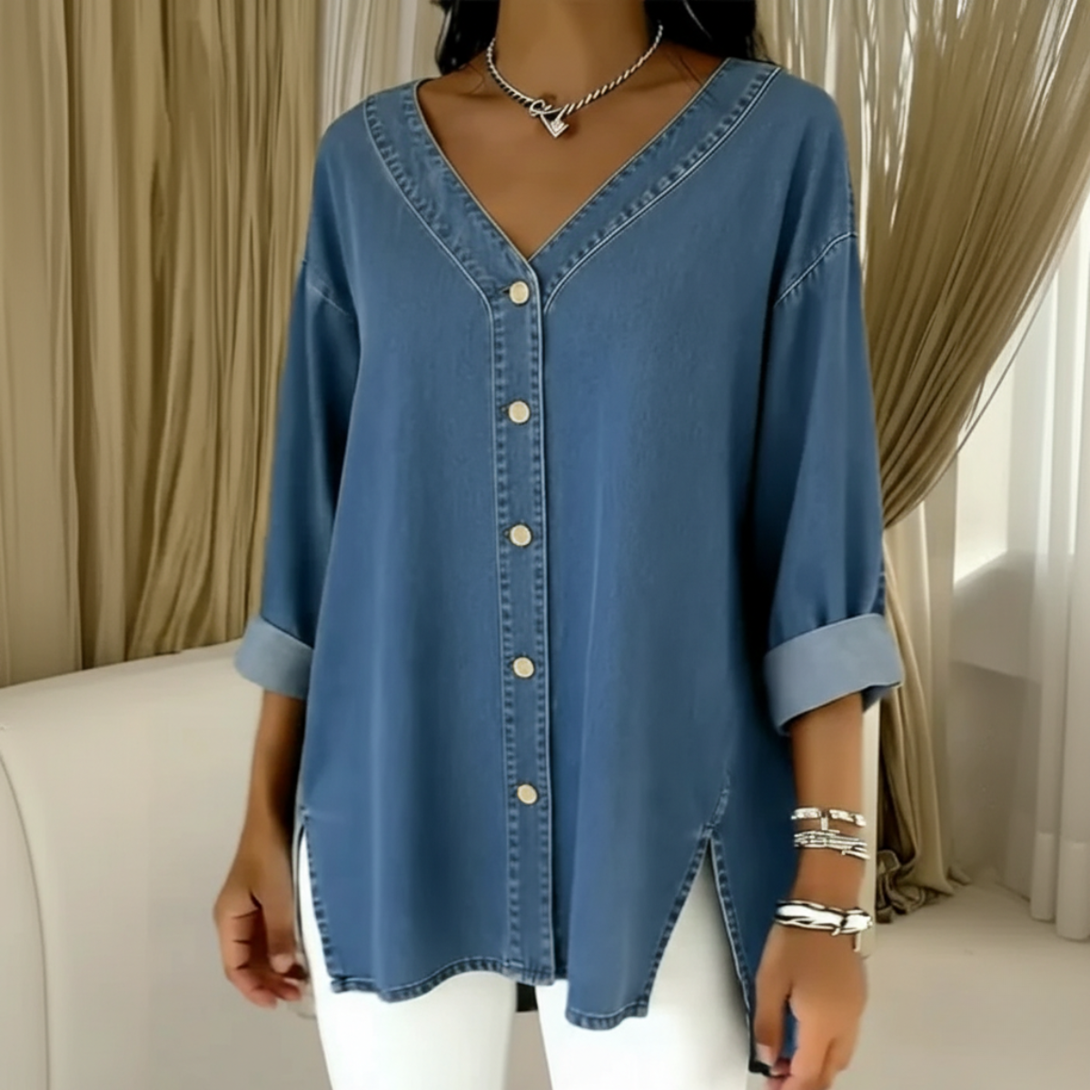 Anna - Denim Blouse met V-hals