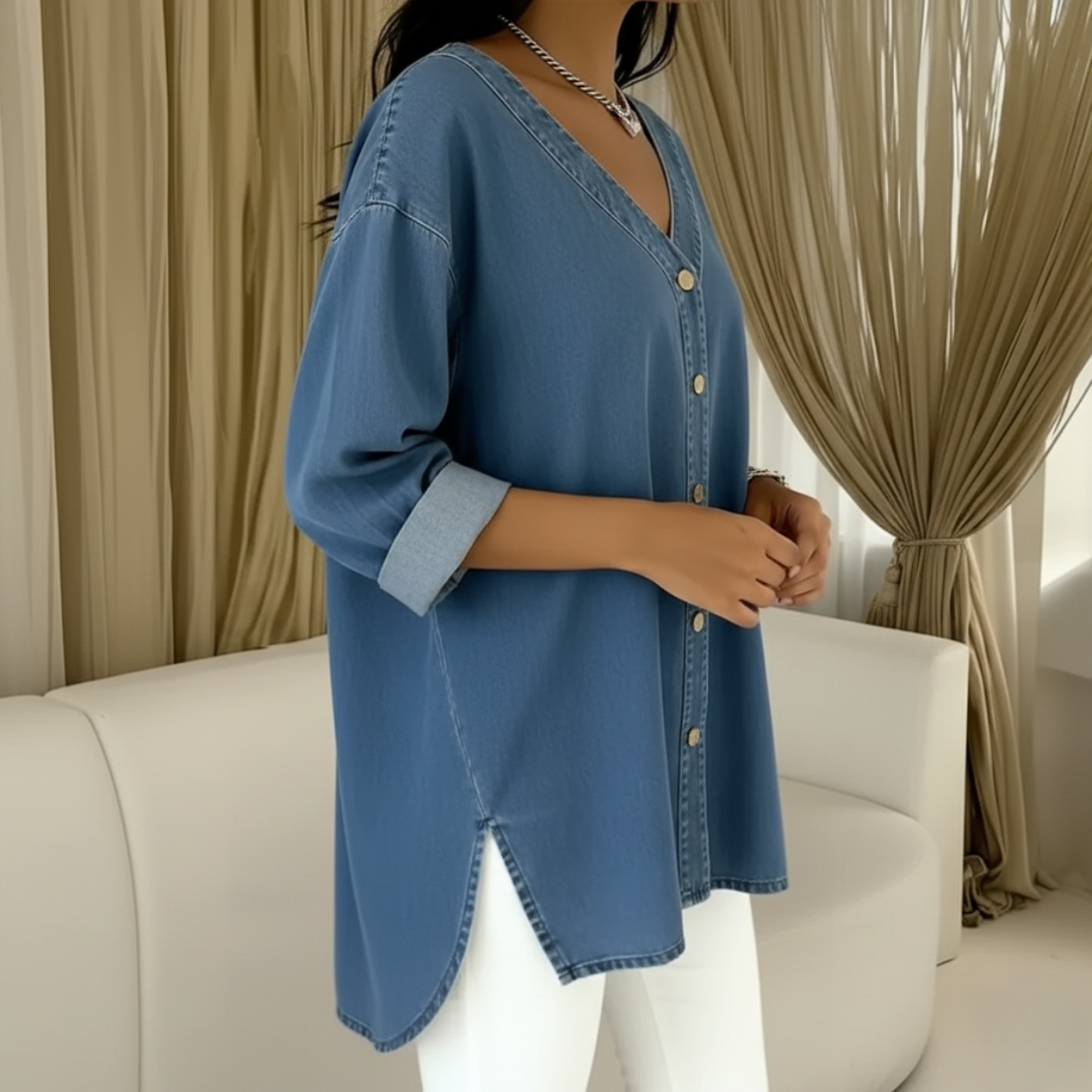 Anna - Denim Blouse met V-hals