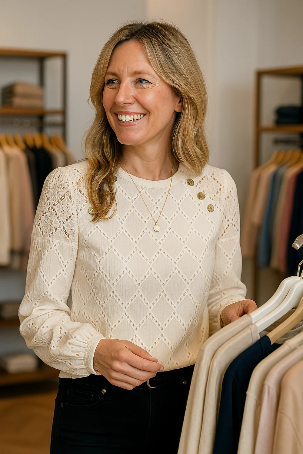 Elodie - Elegant Top with Lantern Sleeves and Round Neckline