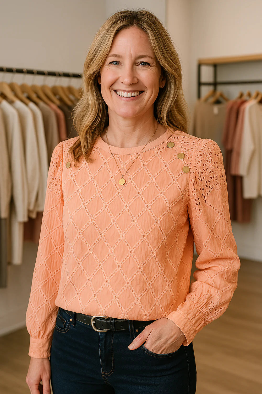 Elodie - Elegant Top with Lantern Sleeves and Round Neckline