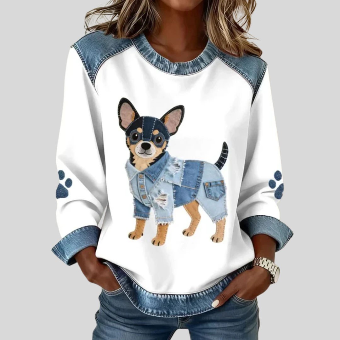 Tess - Denim Top met Hondenprint