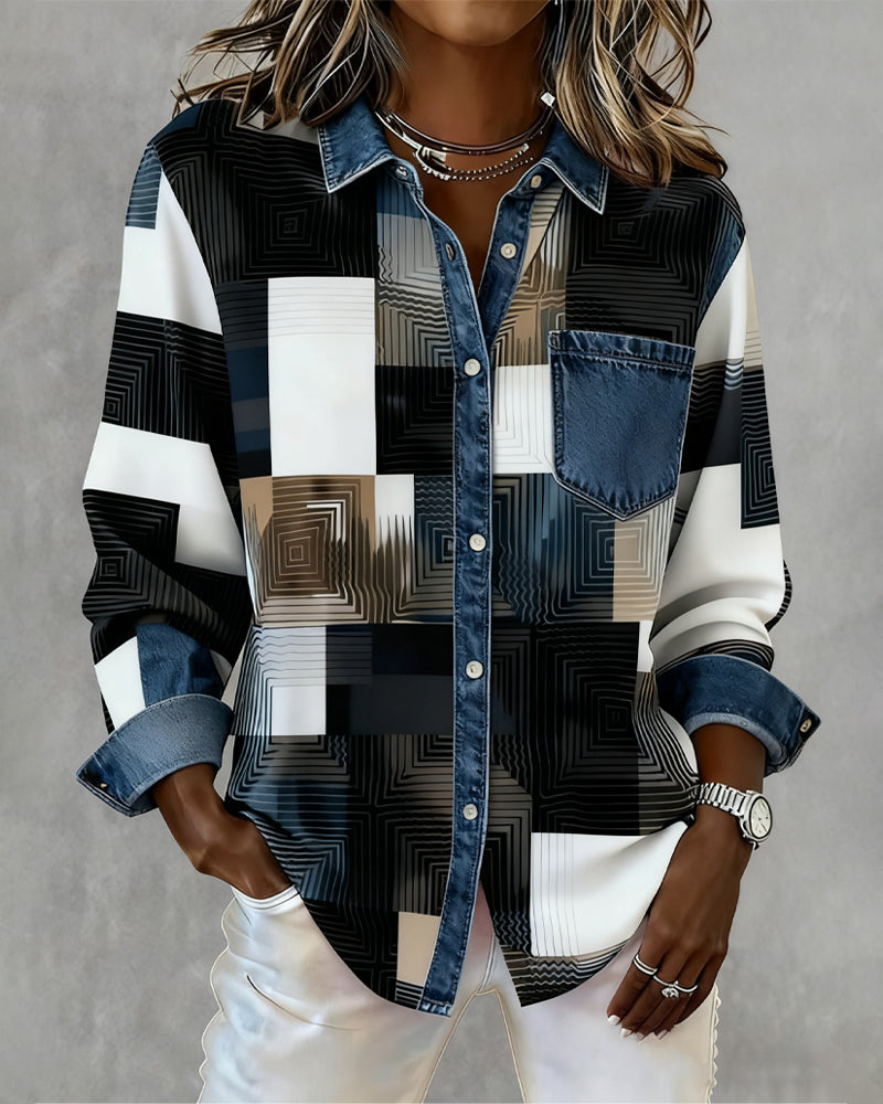 Kleurblok Shirt met Modieuze Kraag