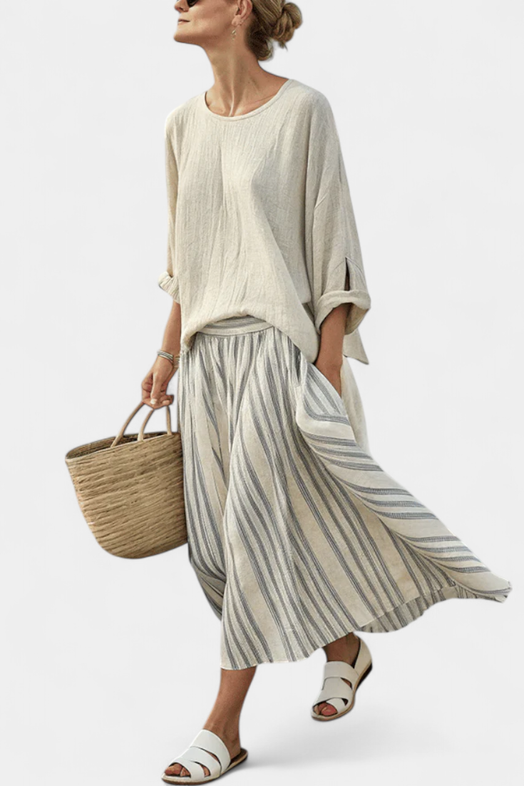 Lotte - Comfortabele Losse Blouse & Gestreepte Midi Rok