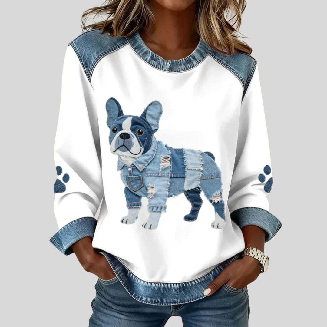 Tess - Denim Top met Hondenprint