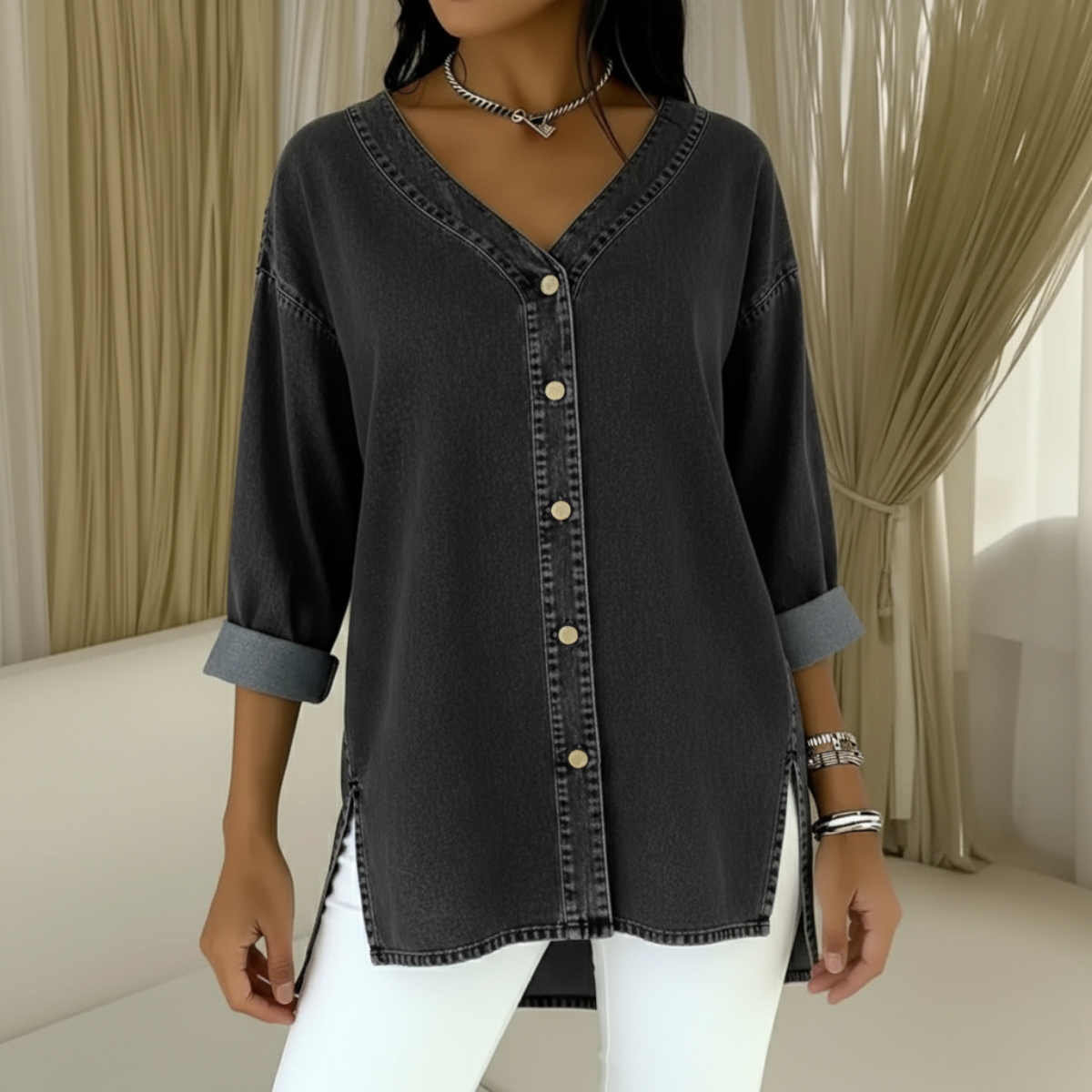 Anna - Denim Blouse met V-hals