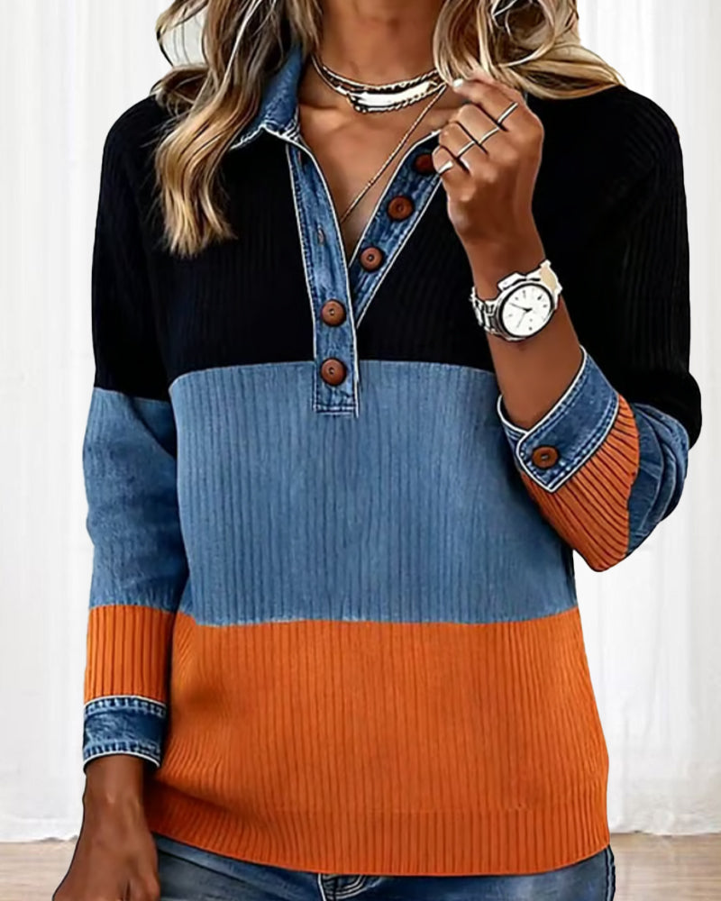 Modieuze Top met Revers en Contrastkleur