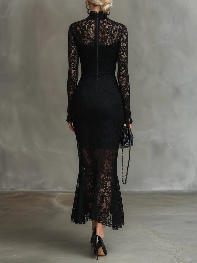 Elegante zwarte stretchkanten fishtail maxi-jurk