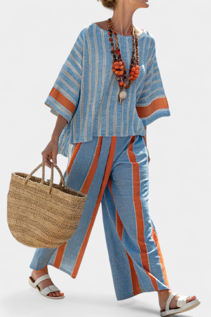 Elise - Verfijnde Terracotta Gestreepte Top & Linnen Broek