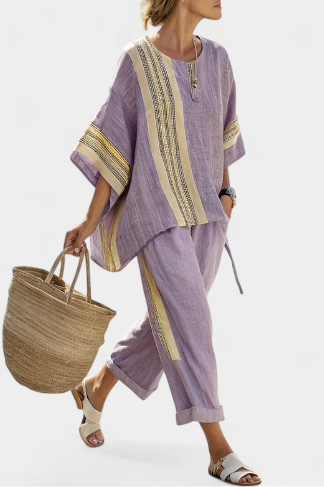 Linde - Elegante Lavendel Top & Mosterd Gestreepte Broek