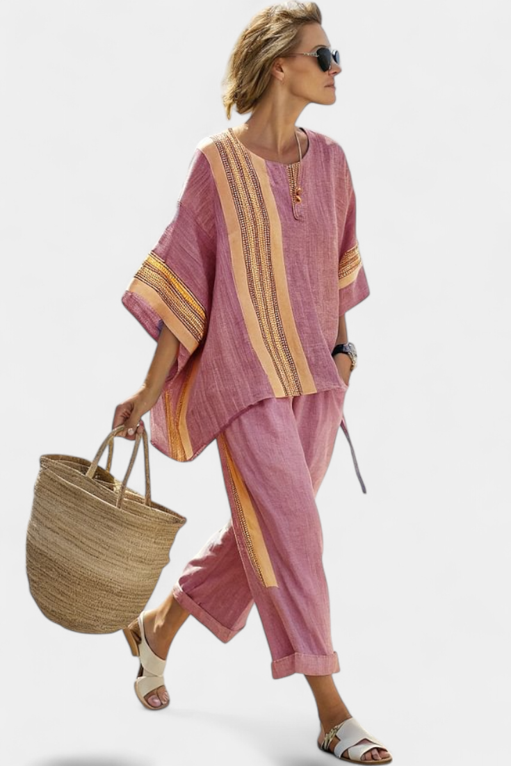 Linde - Elegante Lavendel Top & Mosterd Gestreepte Broek