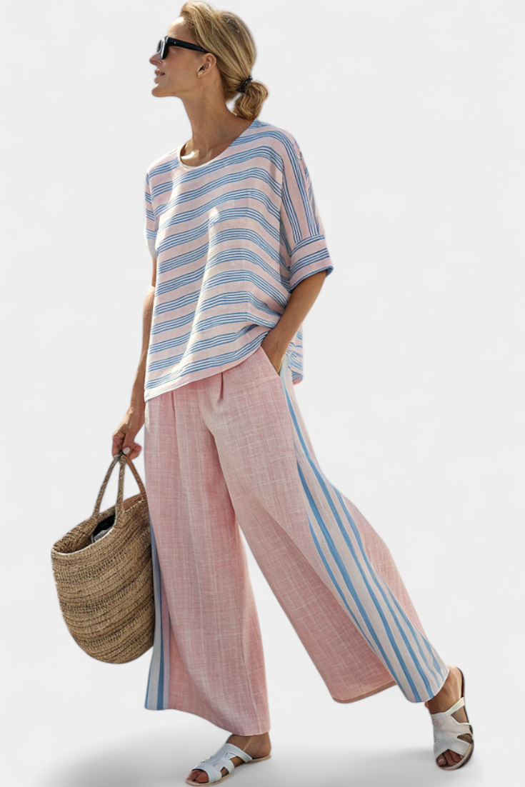 Lynn - Elegante Roze-Blauwe Linnen Blouse & Zachte Broek