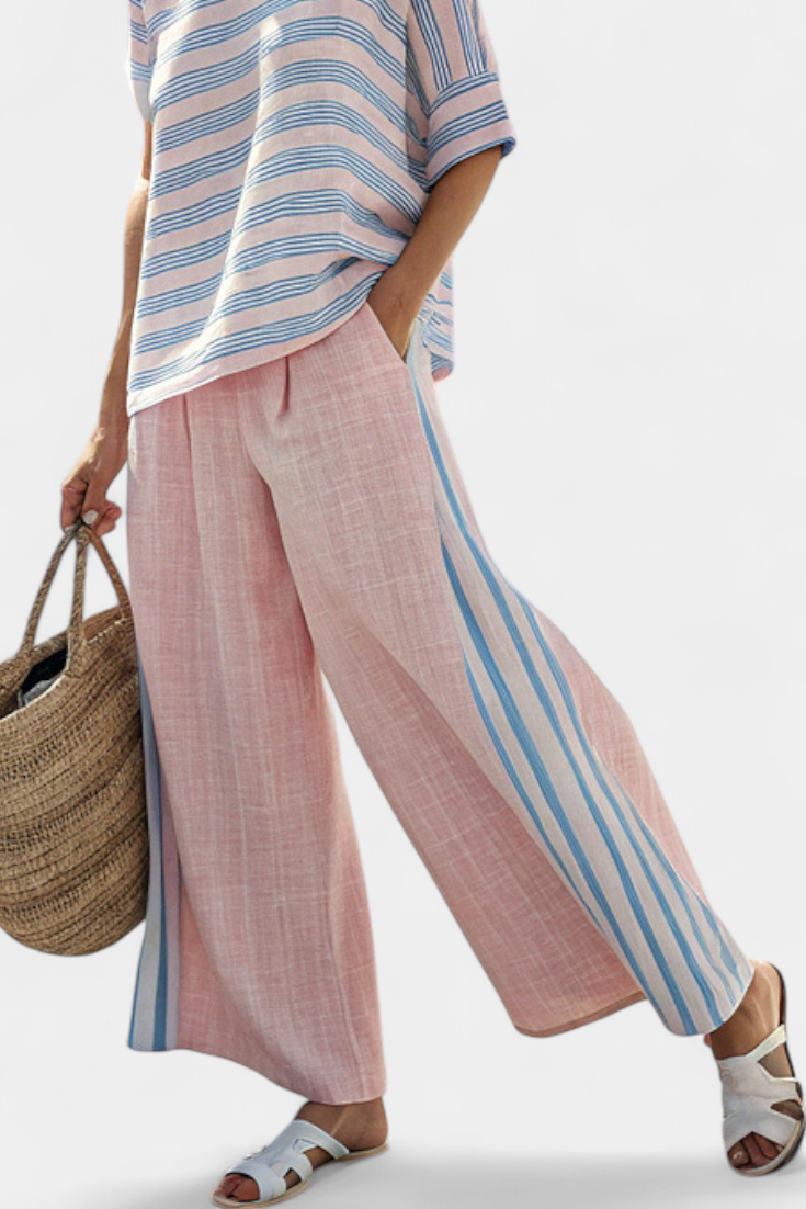 Lynn - Elegante Roze-Blauwe Linnen Blouse & Zachte Broek