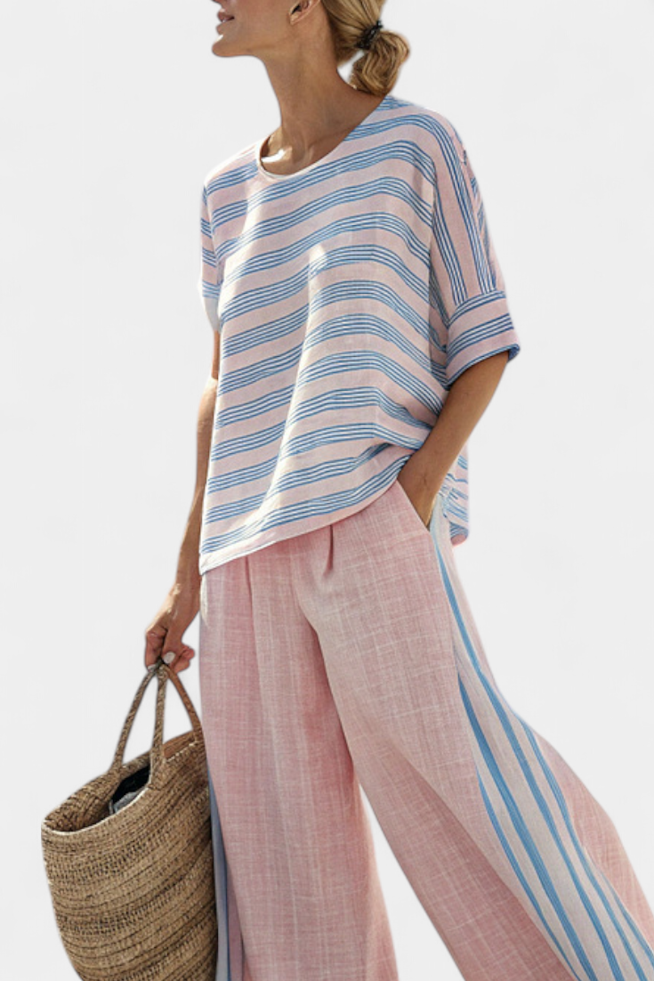 Lynn - Elegante Roze-Blauwe Linnen Blouse & Zachte Broek