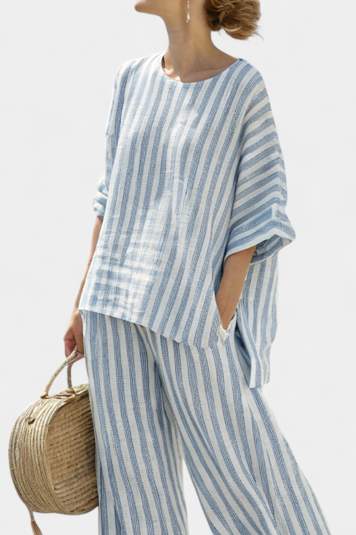 Tess - Verfijnde Blauw Gestreepte Linnen Top & Relaxte Broek