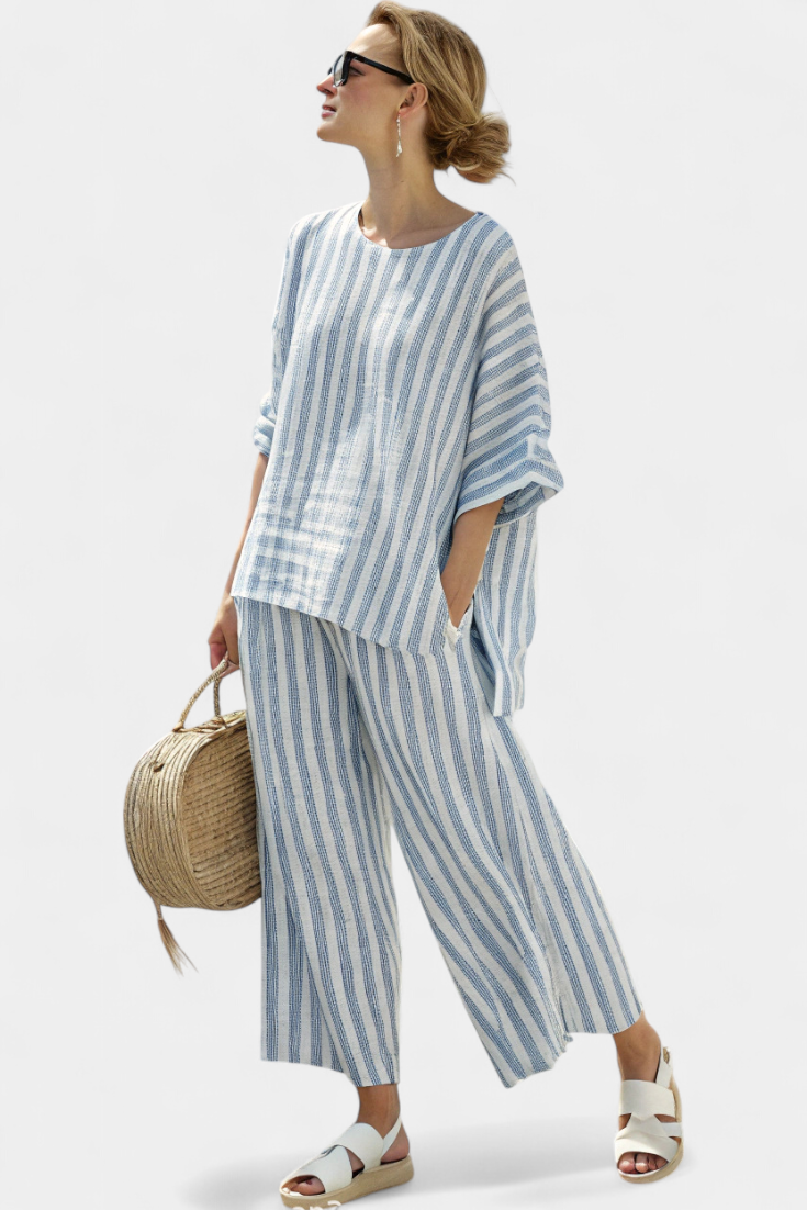 Tess - Verfijnde Blauw Gestreepte Linnen Top & Relaxte Broek