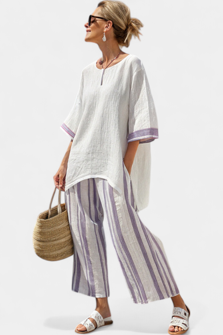 Evi - Comfortabele Losse Blouse & Gestreepte Bamboe Broek