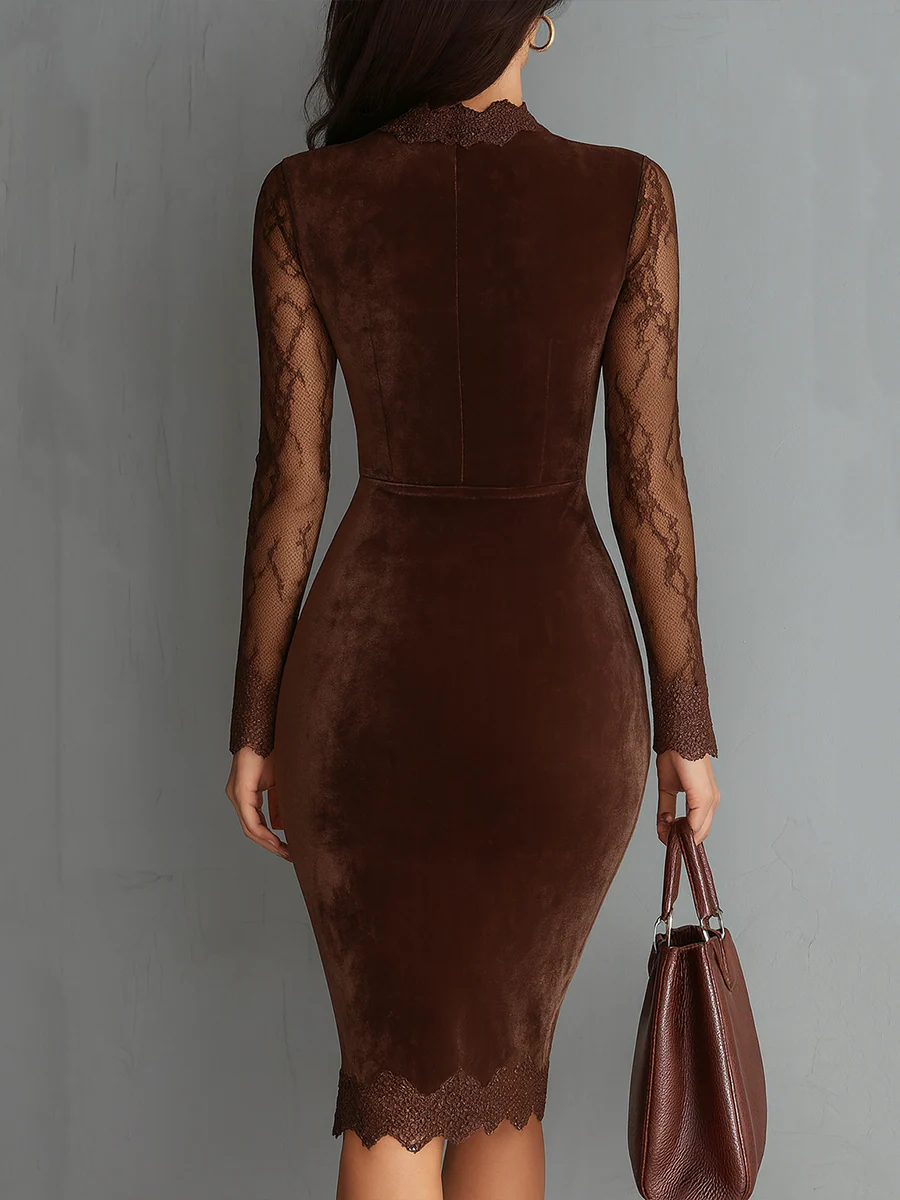 Bruine Vintage Sleutelgat Halslijn Kant Mouw Velours Mini Jurk