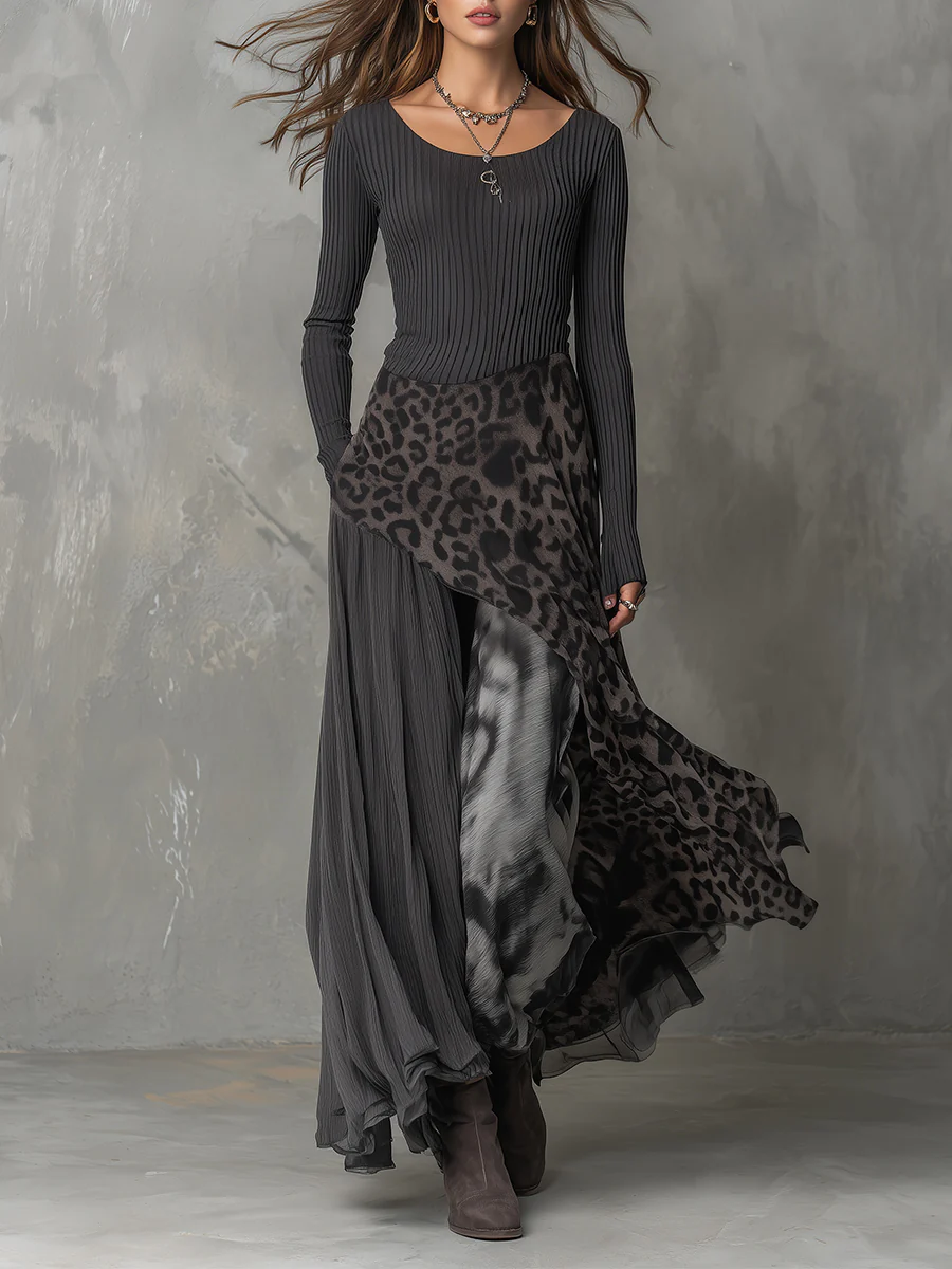 Grijze Pit Stripe Luipaardprint Splicing Ongelijke Zoom Maxi Jurk