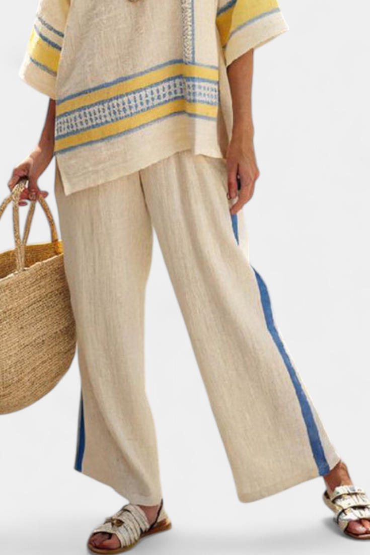 Jade - Comfortabele Blauw-Gele Mediterrane Top & Linnen Broek