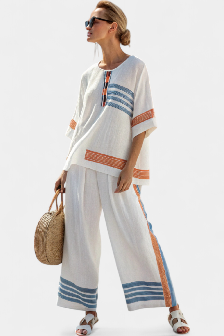 Romy - Verfijnde Blauw-Oranje Gestreepte Top & Broek